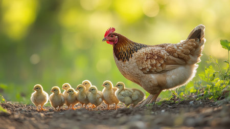 Close-up of a mother hen pecking at the ground, with her chicks following behind and room for copy.の素材