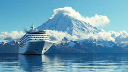 Cruise ship anchored in front of a snow-capped mountain, with a wide expanse of sky for text.の素材
