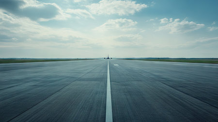 An empty airport runway with an airplane in the distance and ample space for text.の素材