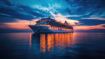 Cruise ship at dusk, with the lights of the ship reflecting on the water and plenty of room in the sky for copy.の素材