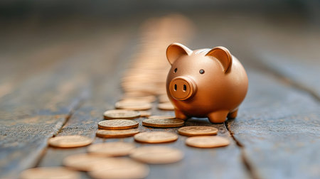 Coins forming a path leading to a piggy bank, with clear space for text in the background.の素材