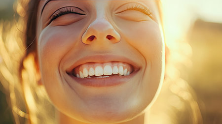 Close-up of a person face with a big smile and a soft-focus background for text.の素材