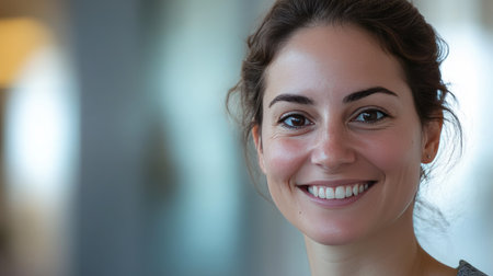 Close-up of a person smiling at the camera with a softly blurred background for copy.の素材