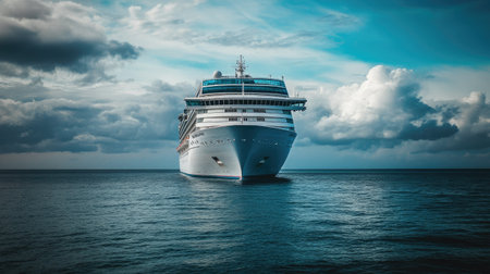 Cruise ship seen from the shore, with a wide expanse of sky above for copy.の素材