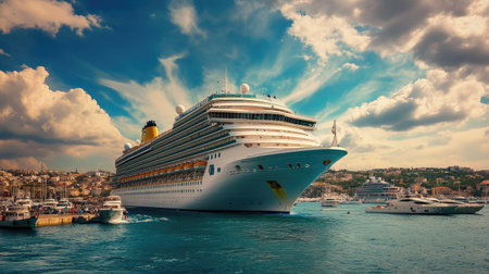 Cruise ship surrounded by smaller boats in a busy port, with the sky providing room for copy.の素材