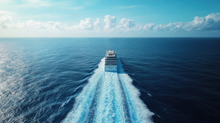 Cruise ship cutting through the open ocean, leaving a trail of foam behind and wide-open water for text.の素材