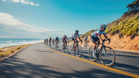 Cyclists racing along a beachside road, the ocean visible in the background.の素材