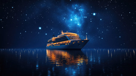 Cruise ship sailing at night, illuminated by lights with a starry sky above for copy space.の素材
