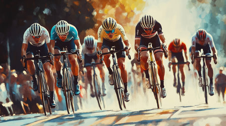 Cyclists in a sprint finish, with a tight pack racing towards the line. -の素材