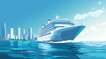 Cruise ship seen from the side, gliding past a coastal cityscape, with space in the water and sky for text.の素材