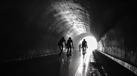 Cyclists passing through a tunnel, with shadows and light playing across the road.の素材