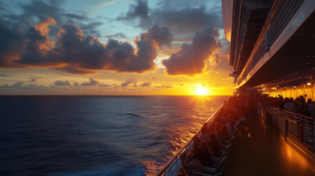 Cruise ship passengers enjoying a sunset view from the deck, with open ocean and sky for text.の素材