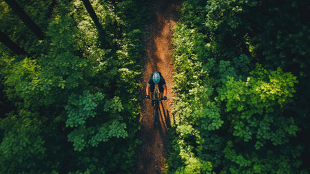 Cyclist riding through a forest trail, captured from above with the surrounding trees.の素材