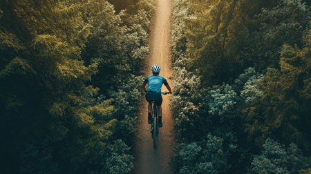 Cyclist riding through a dense forest trail, captured from above with trees lining the path.の素材