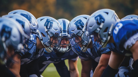 Football players in a huddle, strategizing the next play with focus.の素材