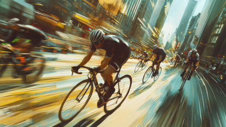 Cyclists racing down a city street, captured in a fast-paced urban setting.の素材