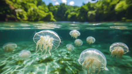 Jellyfish floating peacefully in a shallow bay, with the clear water offering room for copy.の素材