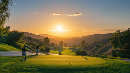 Golfers teeing off at sunrise, the ball soaring through the air. -の素材