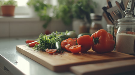Fresh vegetables being chopped on a cutting board with a clear kitchen counter for text. -の素材