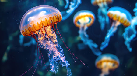 Glowing jellyfish in a dimly lit tank, with clear space in the water for copy.の素材