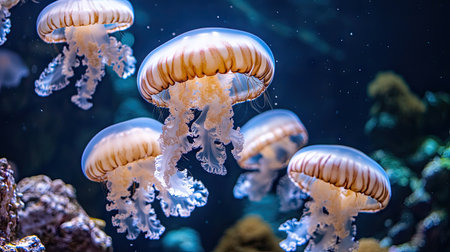 Group of jellyfish pulsating together in an aquarium, with the background offering room for text.の素材