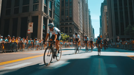 Cyclists racing through a city street, crowds and buildings lining the route.の素材