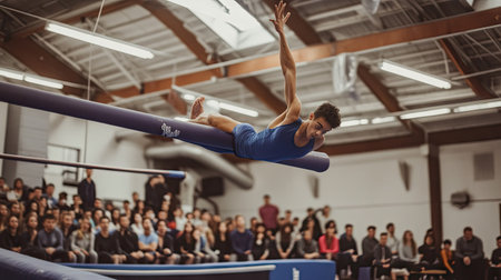 Gymnast balancing on the beam, with the audience watching in the background.の素材