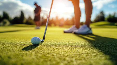 Golfers lining up a putt, focusing on the perfect angle to sink the ball.の素材