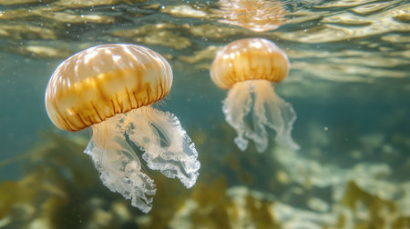 Jellyfish floating peacefully in a shallow bay, with the clear water offering room for copy.の素材