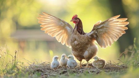 Hen with her wings spread to protect her chicks, with the soft farmyard setting for copy space.の素材