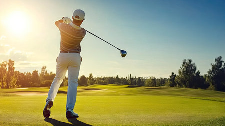 Golfer swinging a driver, the ball flying towards a distant fairway. -の素材