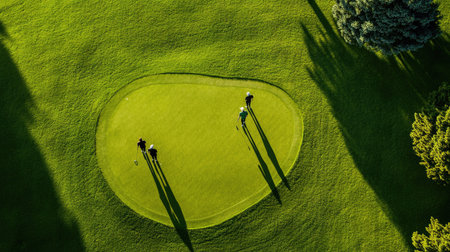 Golfers walking across a green, captured from a top-down angle with the course in view.の素材