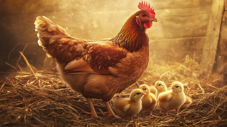 Hen roosting with her chicks underneath, offering a cozy farm setting with room for text.の素材