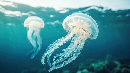 Jellyfish in crystal-clear water, surrounded by an open ocean that offers copy space.の素材