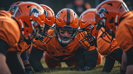 Football players in a huddle, strategizing the next play with focus.の素材