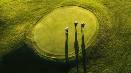 Golfers walking across a green, captured from a top-down angle with the course in view.の素材