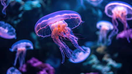 Jellyfish glowing under soft purple lighting in a dark aquarium, with room for text.の素材