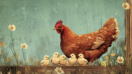 Hen roosting with her chicks underneath, offering a cozy farm setting with room for text.の素材