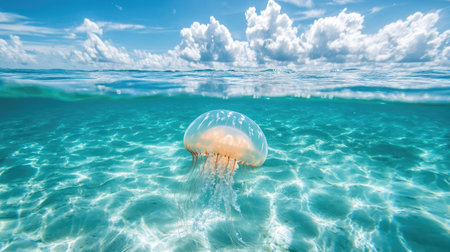 Jellyfish in crystal-clear water, surrounded by an open ocean that offers copy space.の素材