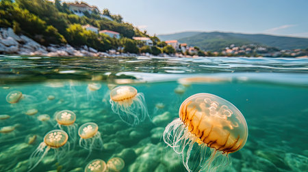 Jellyfish floating peacefully in a shallow bay, with the clear water offering room for copy.の素材