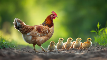Hen teaching her chicks to scratch the ground, with space around for copy.の素材