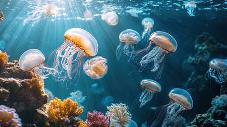Jellyfish drifting past coral reefs, with open space in the water for copy.の素材
