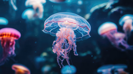 Jellyfish gliding through an aquarium tank, with glassy water providing ample room for text.の素材