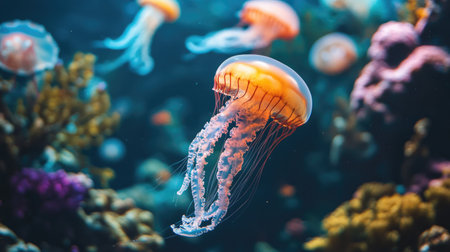 Jellyfish drifting past coral reefs, with open space in the water for copy.の素材