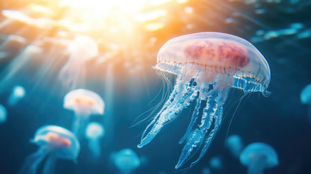 Jellyfish moving toward a glowing sunbeam underwater, with plenty of space for text.の素材