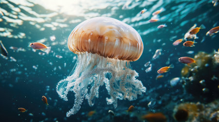 Jellyfish surrounded by small fish, with the open ocean providing room for copy.の素材