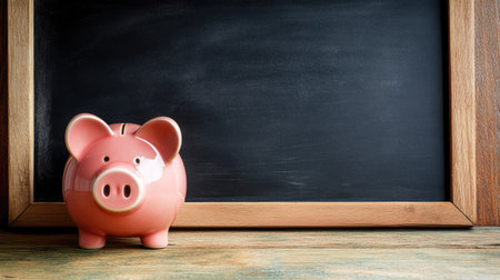 Piggy bank in front of a blank chalkboard, leaving room for text or copy above.の素材