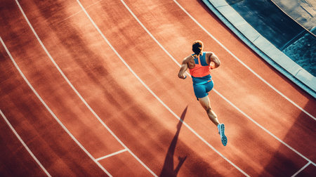 Runner sprinting on a track, top view showing lane markings and stadium.の素材