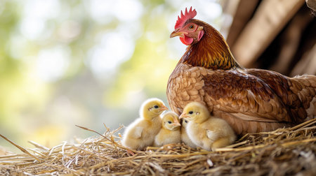 Mother hen with her chicks under her wings, surrounded by straw, leaving space in the background for text.の素材