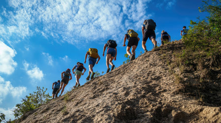 Marathon runners climbing a steep hill, with determination etched on their faces.の素材